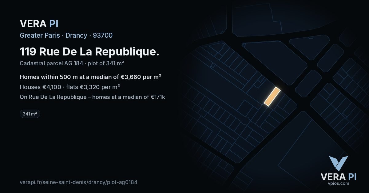 119 Rue De La Republique, Drancy at night – the plot lit, the parcels around coloured by the prices near them