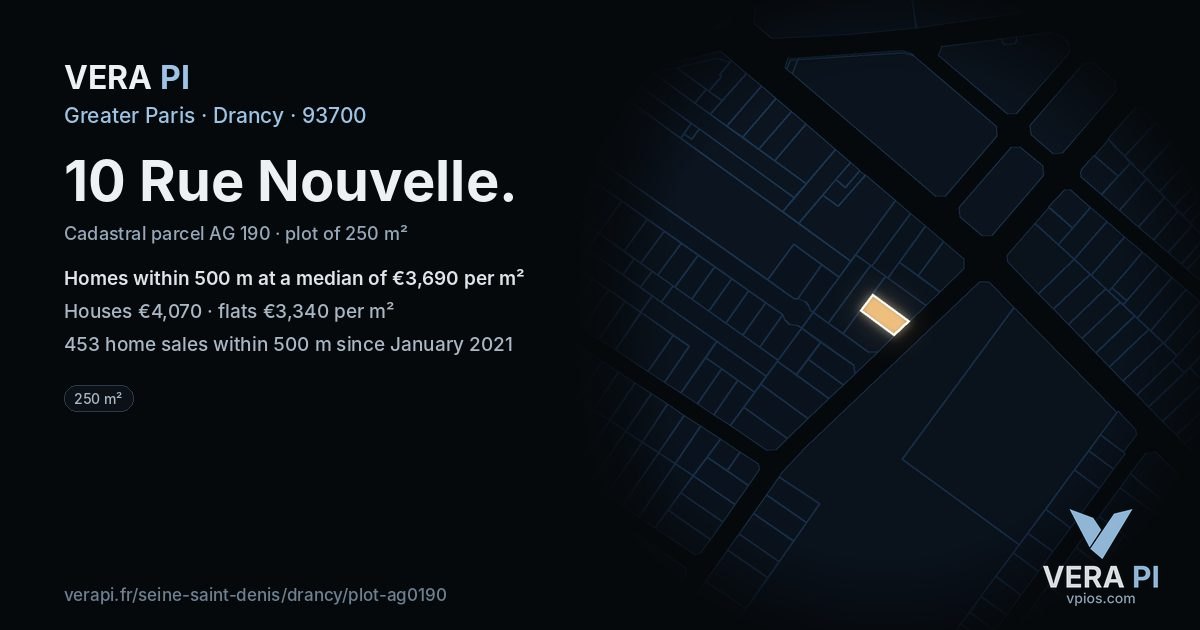10 Rue Nouvelle, Drancy at night – the plot lit, the parcels around coloured by the prices near them