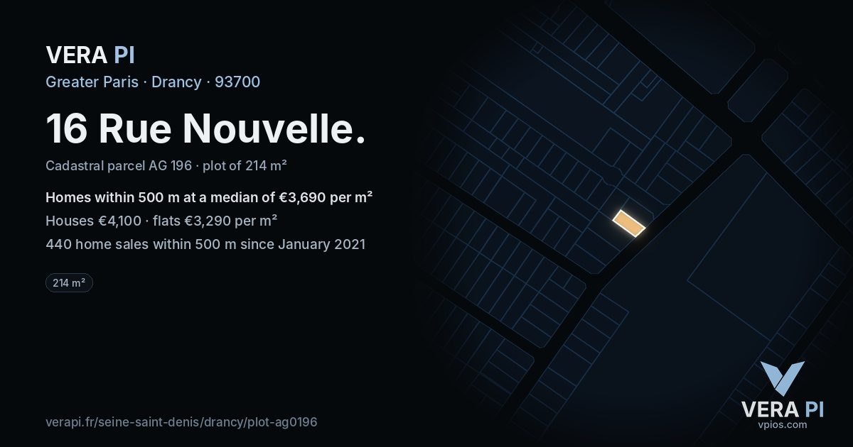 16 Rue Nouvelle, Drancy at night – the plot lit, the parcels around coloured by the prices near them