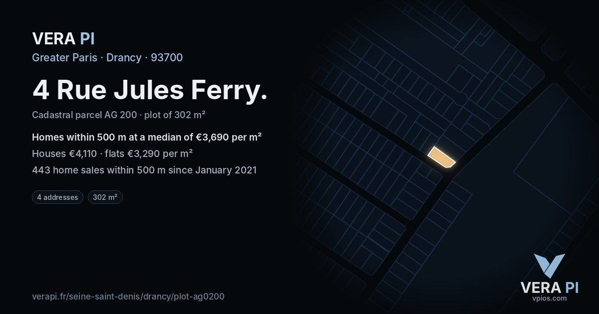 4 Rue Jules Ferry, Drancy at night – the plot lit, the parcels around coloured by the prices near them