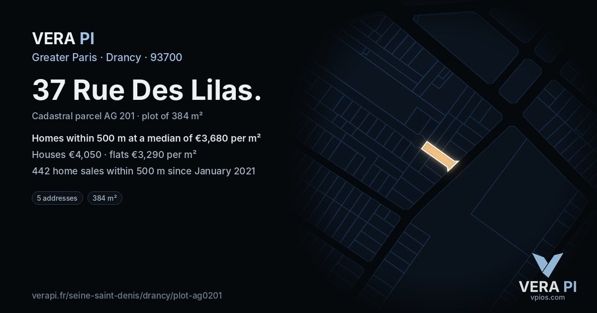 37 Rue Des Lilas, Drancy at night – the plot lit, the parcels around coloured by the prices near them