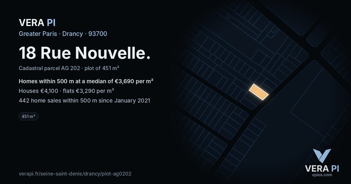 18 Rue Nouvelle, Drancy at night – the plot lit, the parcels around coloured by the prices near them