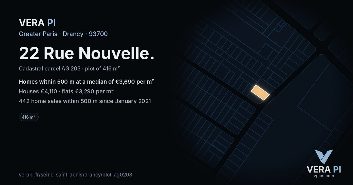 22 Rue Nouvelle, Drancy at night – the plot lit, the parcels around coloured by the prices near them