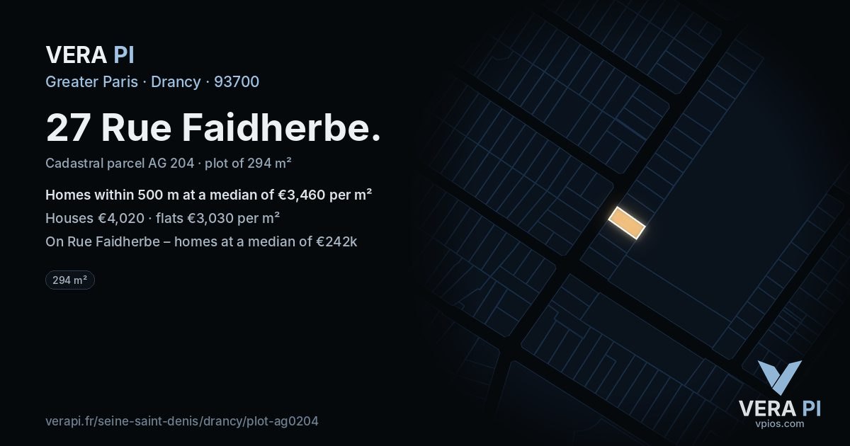 27 Rue Faidherbe, Drancy at night – the plot lit, the parcels around coloured by the prices near them