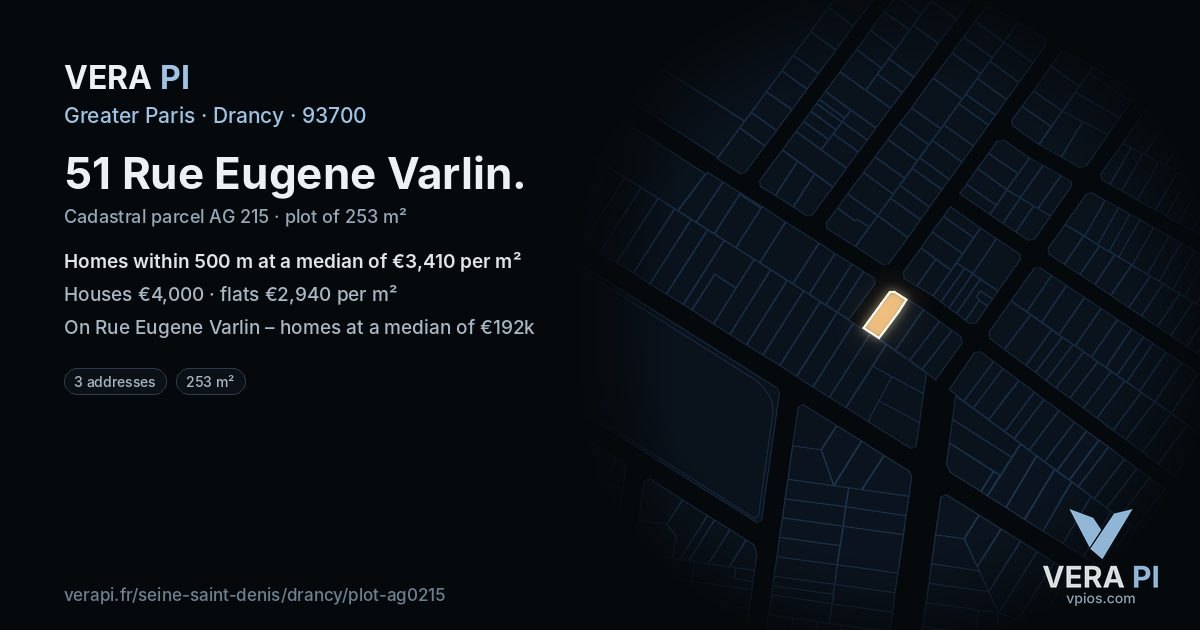 51 Rue Eugene Varlin, Drancy at night – the plot lit, the parcels around coloured by the prices near them