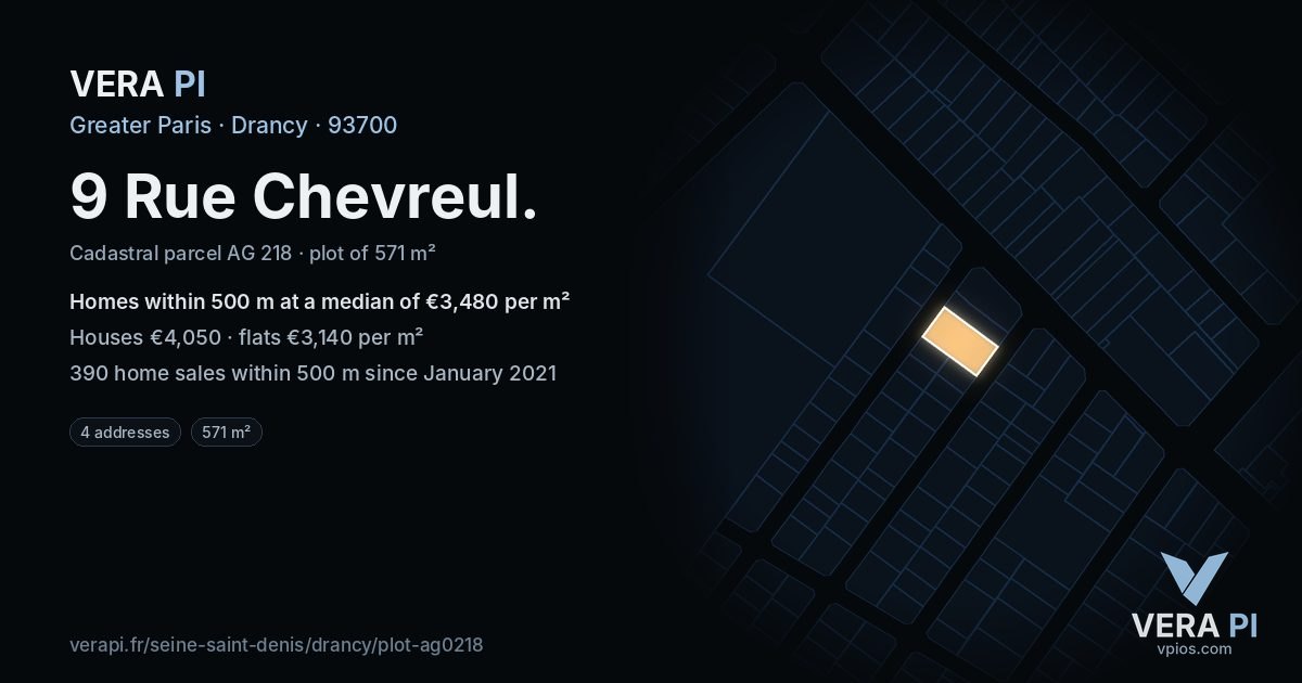 9 Rue Chevreul, Drancy at night – the plot lit, the parcels around coloured by the prices near them