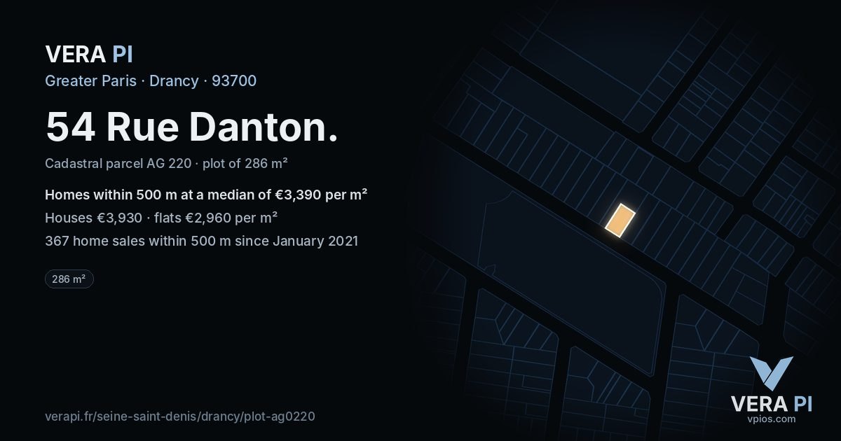 54 Rue Danton, Drancy at night – the plot lit, the parcels around coloured by the prices near them