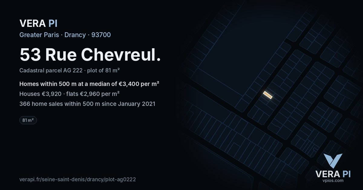 53 Rue Chevreul, Drancy at night – the plot lit, the parcels around coloured by the prices near them