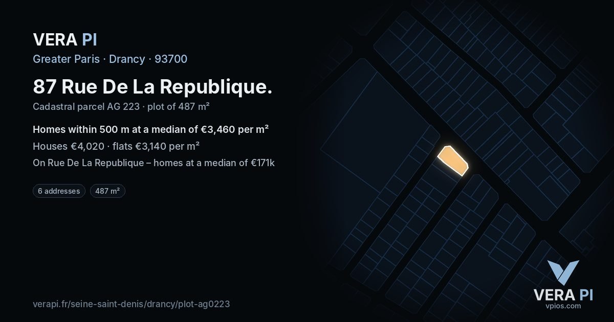 87 Rue De La Republique, Drancy at night – the plot lit, the parcels around coloured by the prices near them