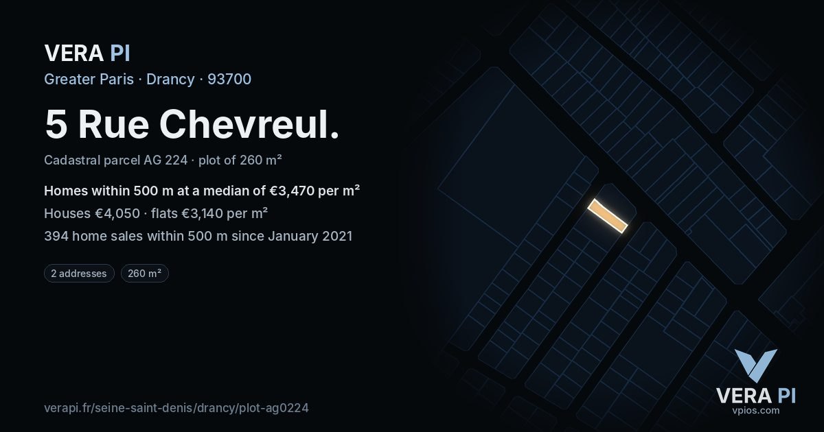 5 Rue Chevreul, Drancy at night – the plot lit, the parcels around coloured by the prices near them