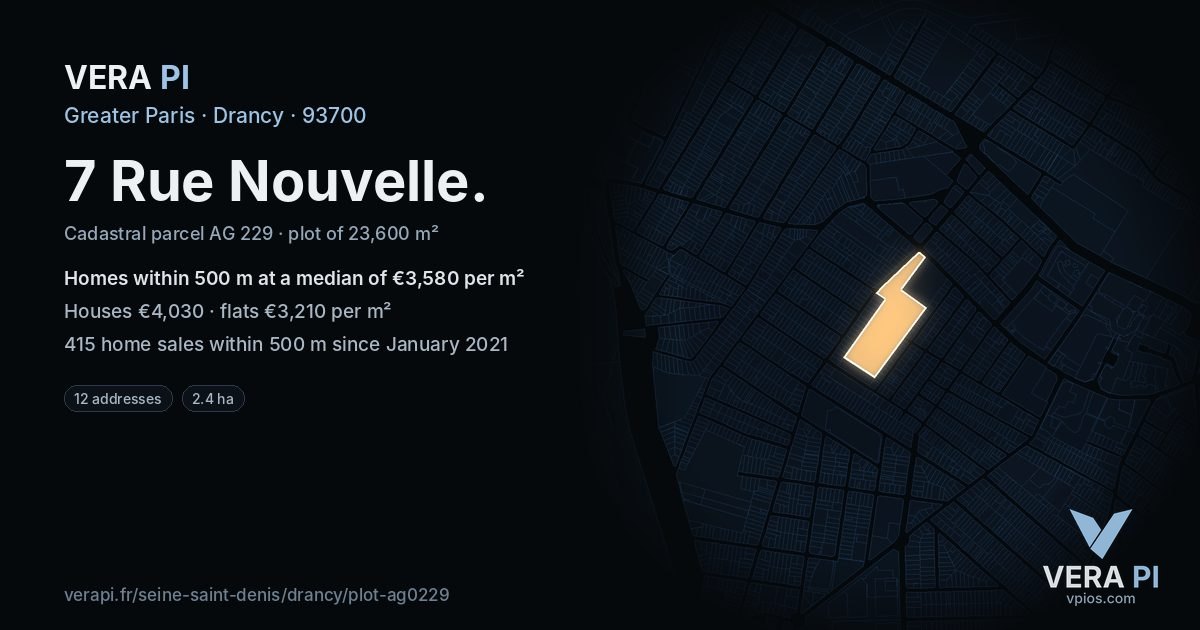 7 Rue Nouvelle, Drancy at night – the plot lit, the parcels around coloured by the prices near them