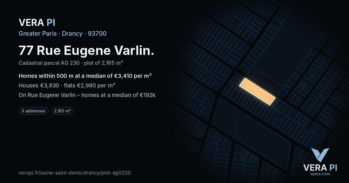 77 Rue Eugene Varlin, Drancy at night – the plot lit, the parcels around coloured by the prices near them