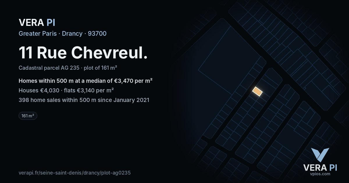 11 Rue Chevreul, Drancy at night – the plot lit, the parcels around coloured by the prices near them