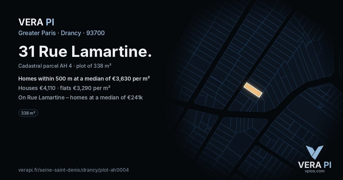 31 Rue Lamartine, Drancy at night – the plot lit, the parcels around coloured by the prices near them