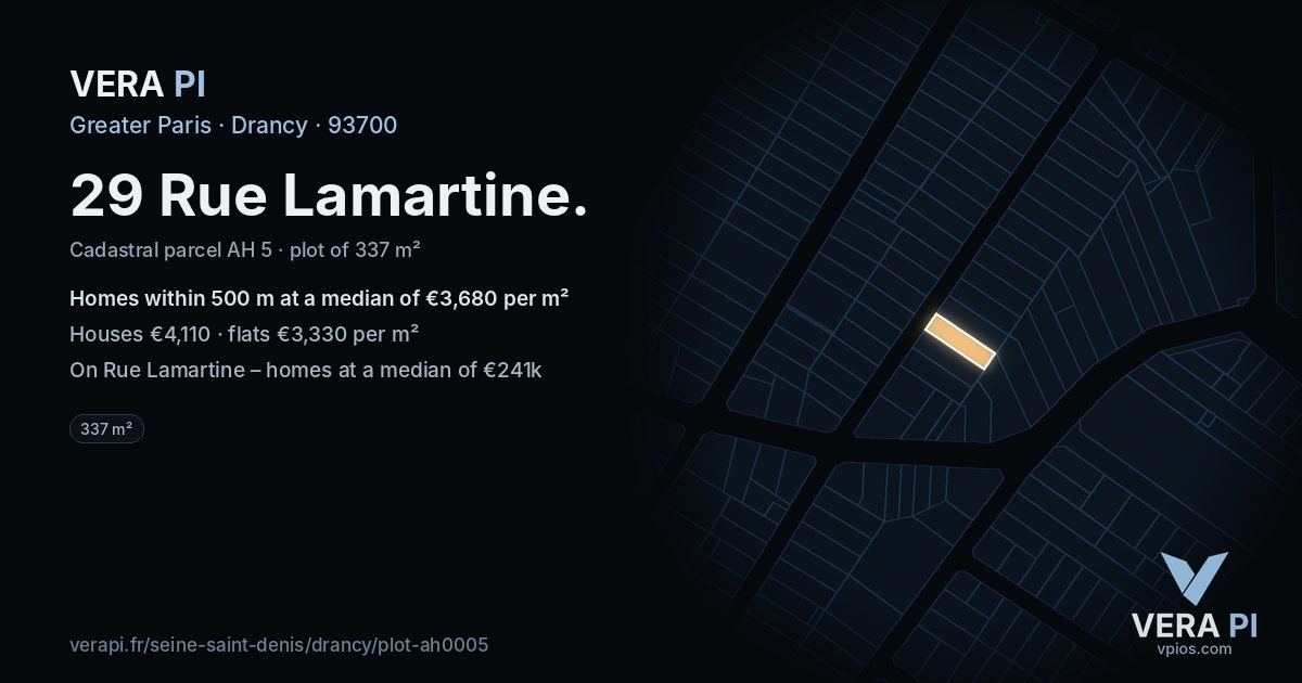 29 Rue Lamartine, Drancy at night – the plot lit, the parcels around coloured by the prices near them