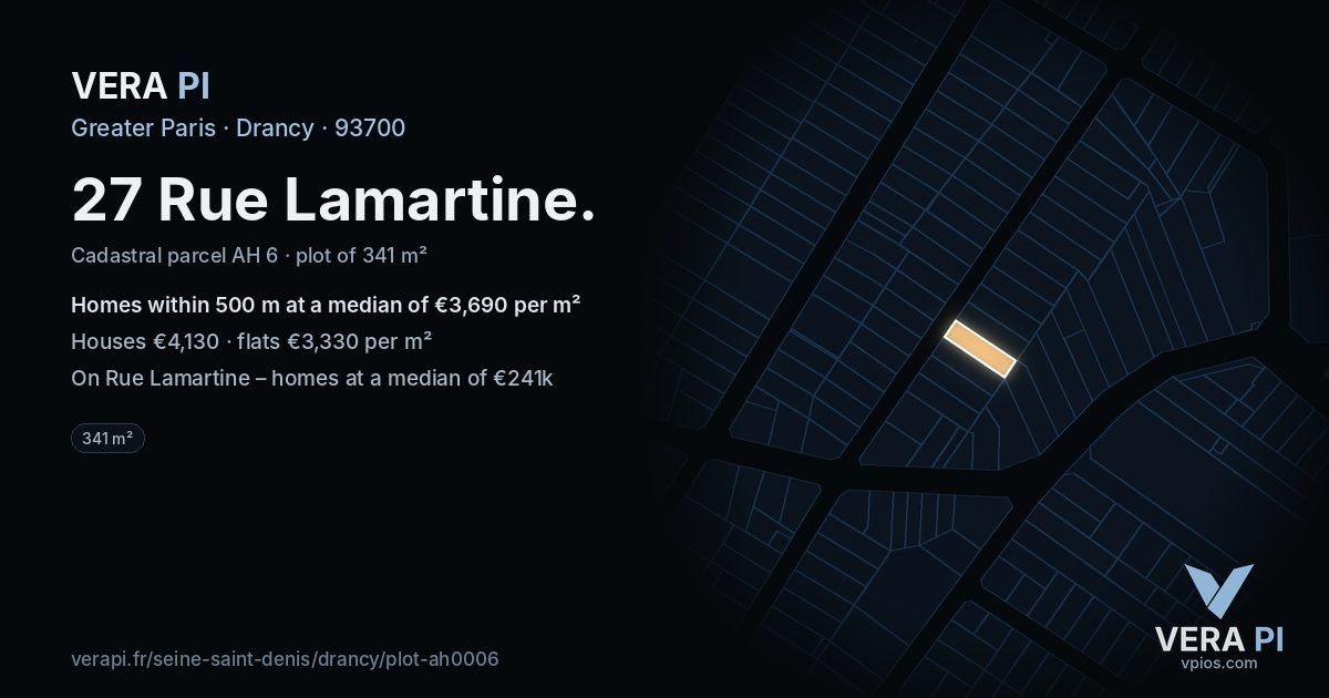 27 Rue Lamartine, Drancy at night – the plot lit, the parcels around coloured by the prices near them