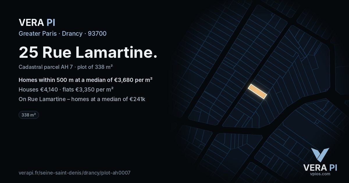 25 Rue Lamartine, Drancy at night – the plot lit, the parcels around coloured by the prices near them