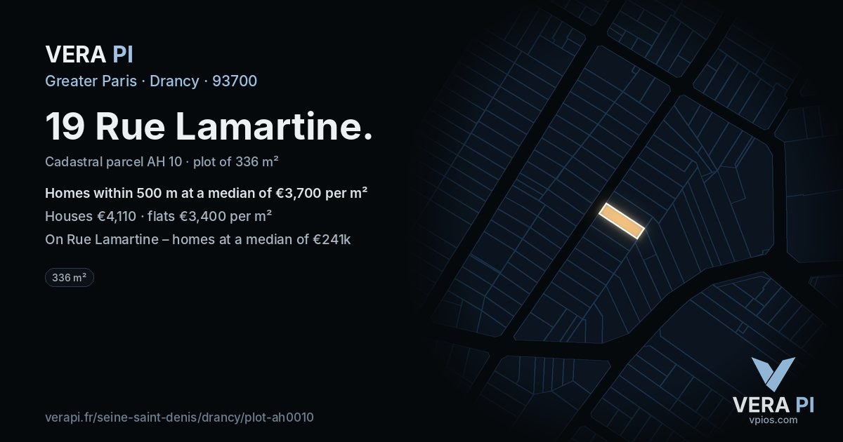 19 Rue Lamartine, Drancy at night – the plot lit, the parcels around coloured by the prices near them