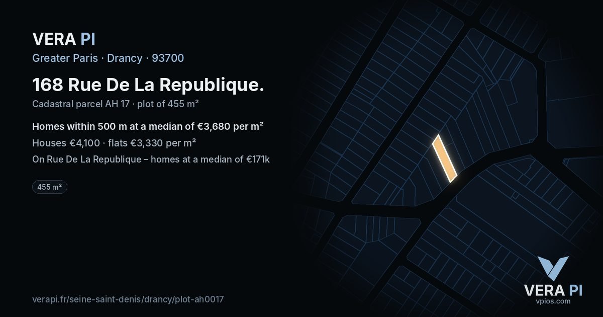 168 Rue De La Republique, Drancy at night – the plot lit, the parcels around coloured by the prices near them