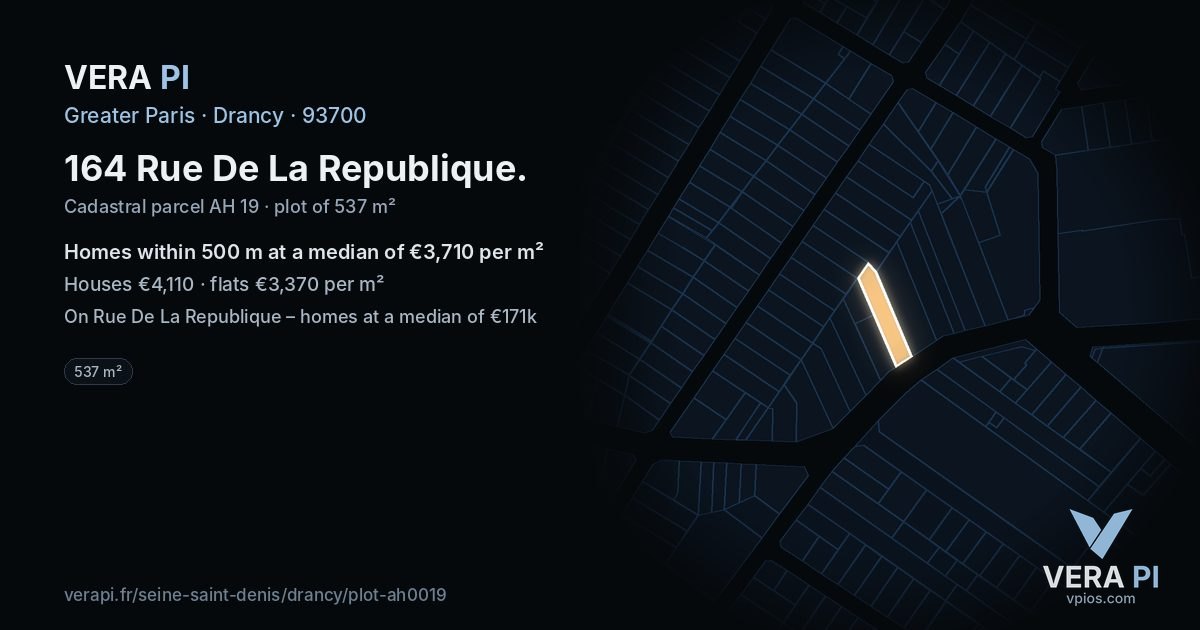 164 Rue De La Republique, Drancy at night – the plot lit, the parcels around coloured by the prices near them