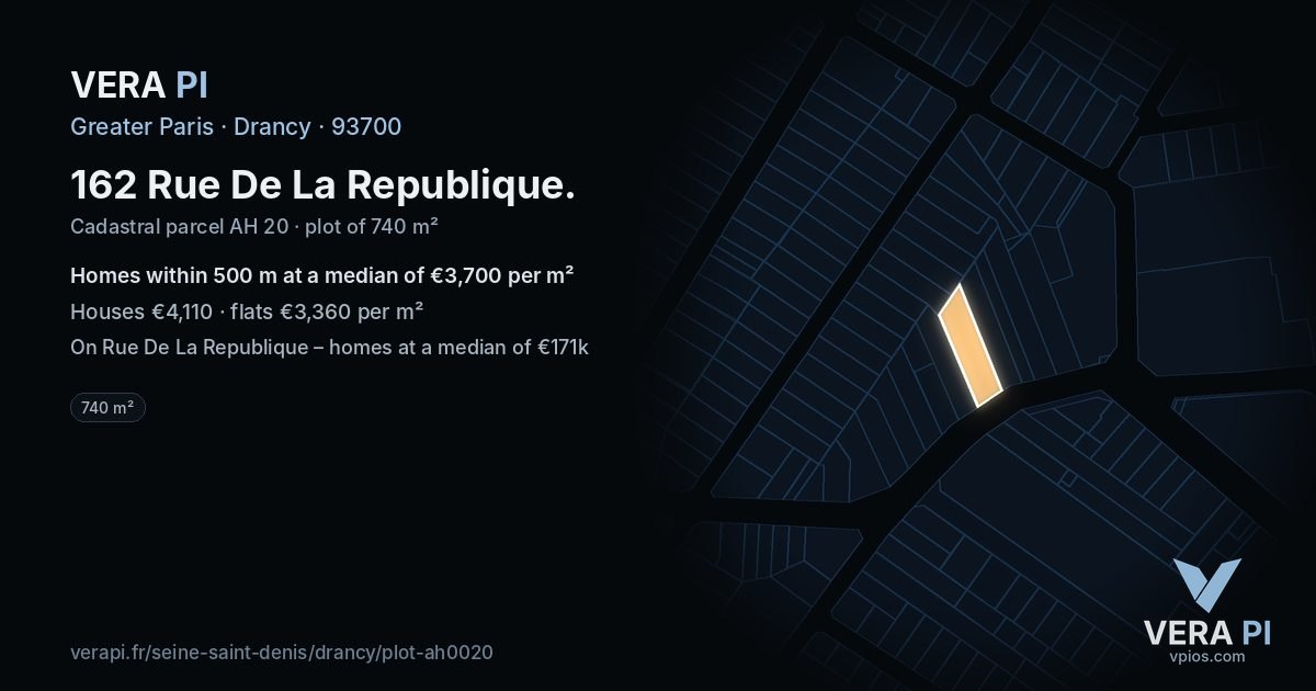 162 Rue De La Republique, Drancy at night – the plot lit, the parcels around coloured by the prices near them