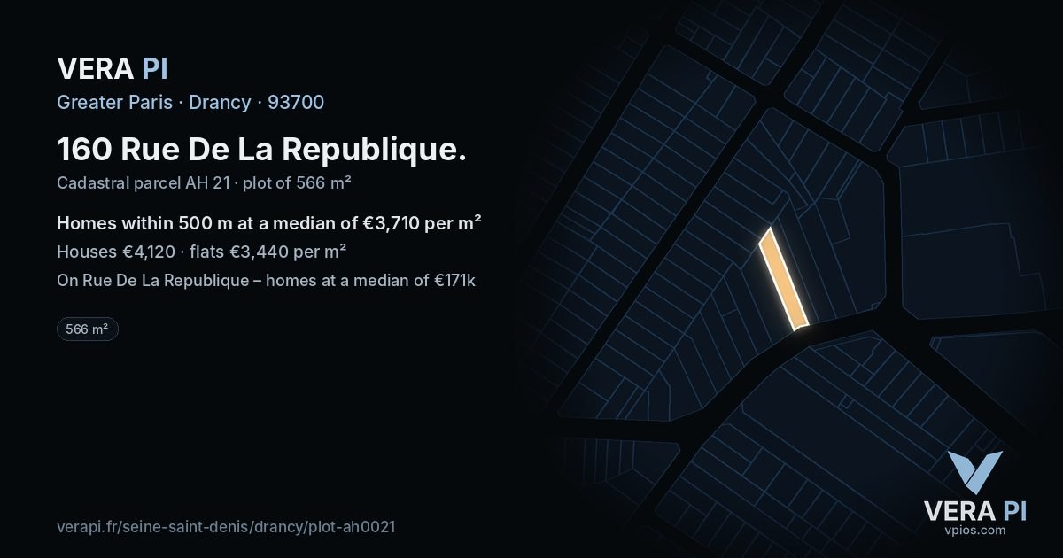 160 Rue De La Republique, Drancy at night – the plot lit, the parcels around coloured by the prices near them