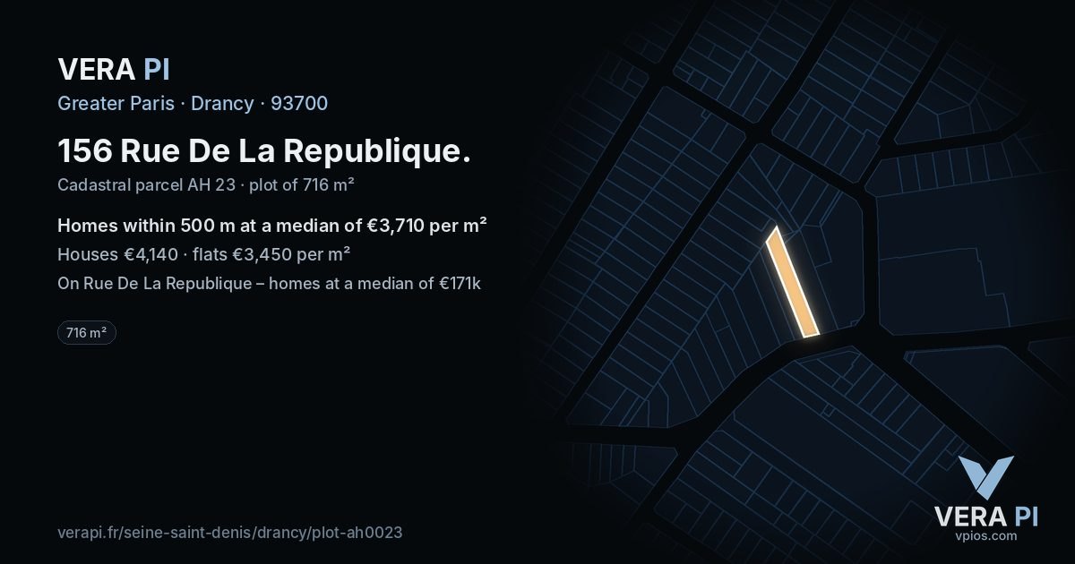 156 Rue De La Republique, Drancy at night – the plot lit, the parcels around coloured by the prices near them