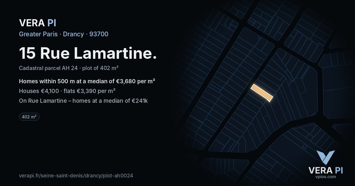 15 Rue Lamartine, Drancy at night – the plot lit, the parcels around coloured by the prices near them