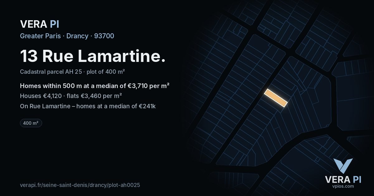 13 Rue Lamartine, Drancy at night – the plot lit, the parcels around coloured by the prices near them