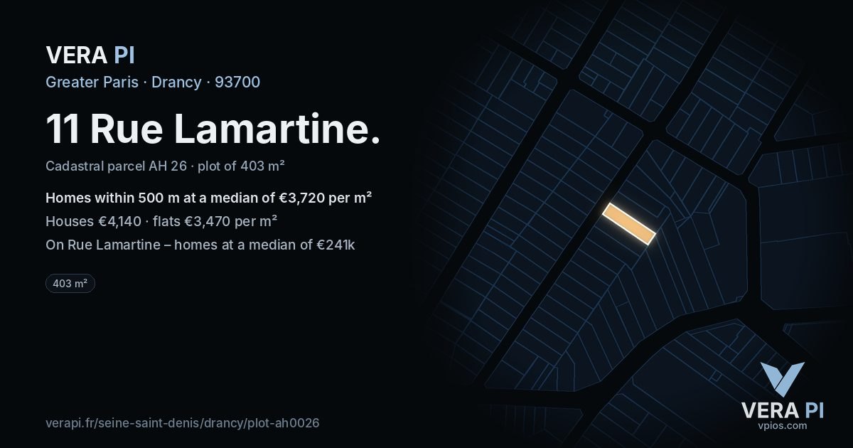 11 Rue Lamartine, Drancy at night – the plot lit, the parcels around coloured by the prices near them