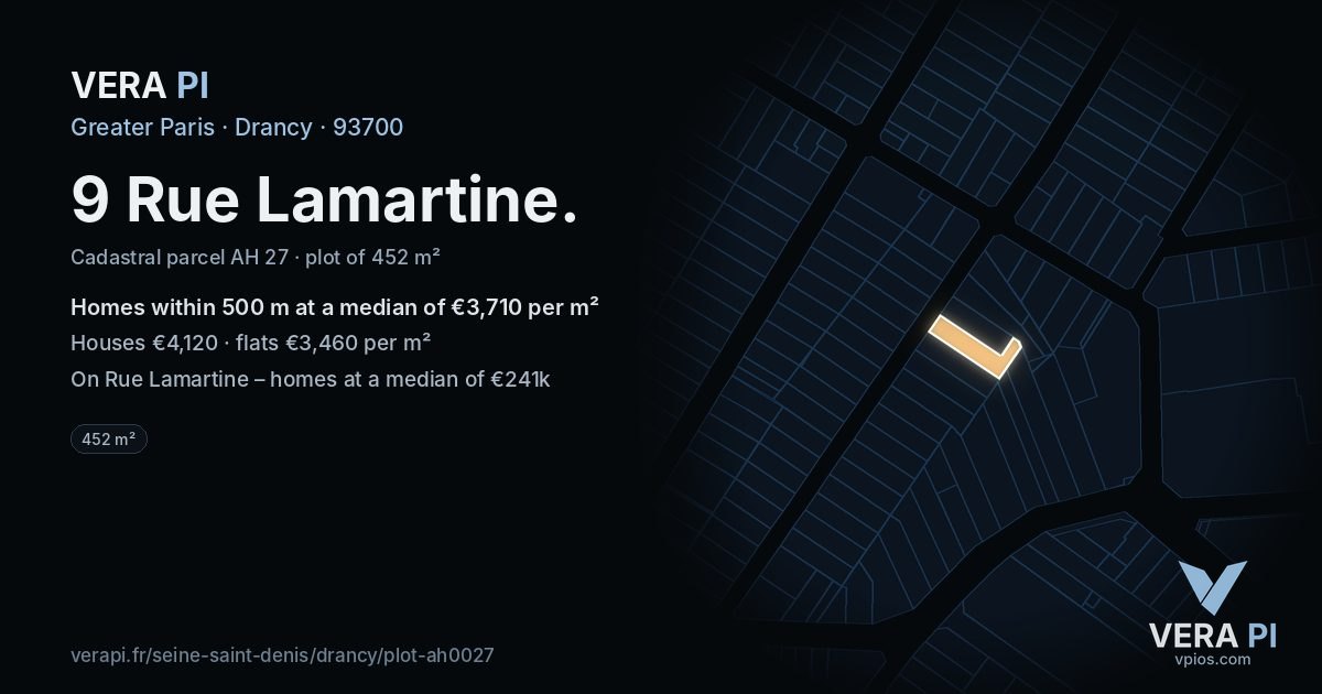 9 Rue Lamartine, Drancy at night – the plot lit, the parcels around coloured by the prices near them