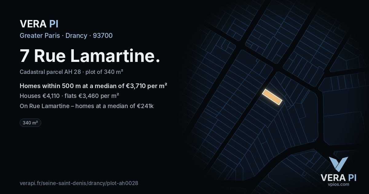 7 Rue Lamartine, Drancy at night – the plot lit, the parcels around coloured by the prices near them