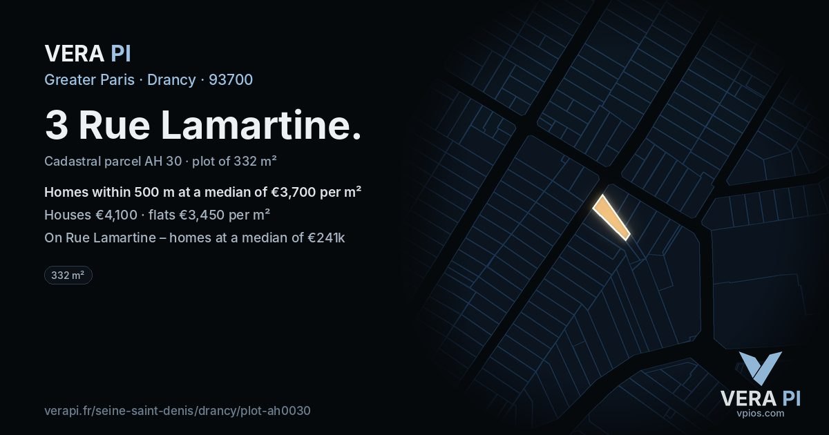 3 Rue Lamartine, Drancy at night – the plot lit, the parcels around coloured by the prices near them