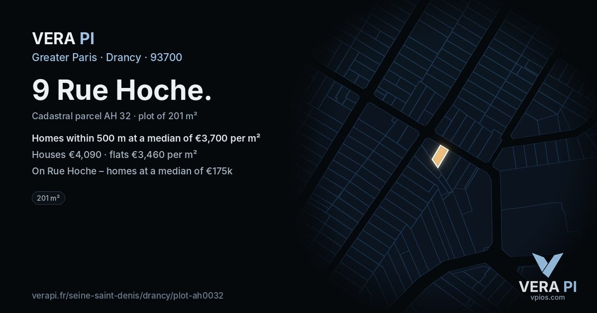 9 Rue Hoche, Drancy at night – the plot lit, the parcels around coloured by the prices near them