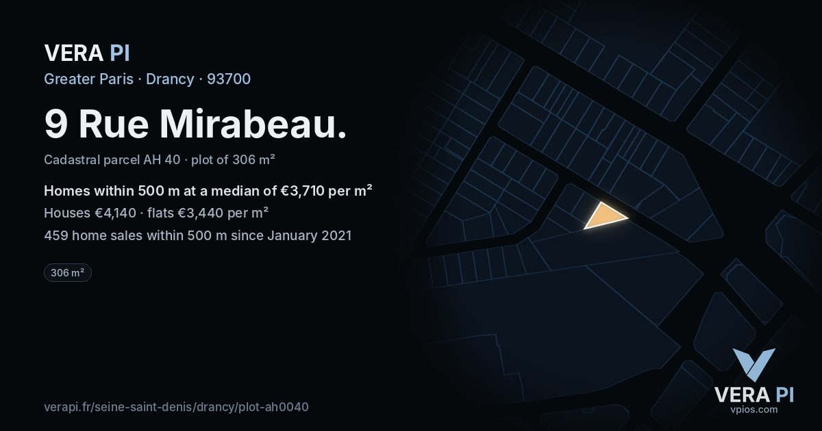 9 Rue Mirabeau, Drancy at night – the plot lit, the parcels around coloured by the prices near them