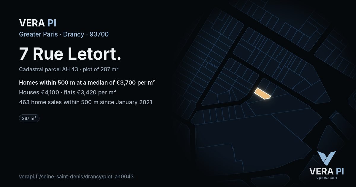 7 Rue Letort, Drancy at night – the plot lit, the parcels around coloured by the prices near them