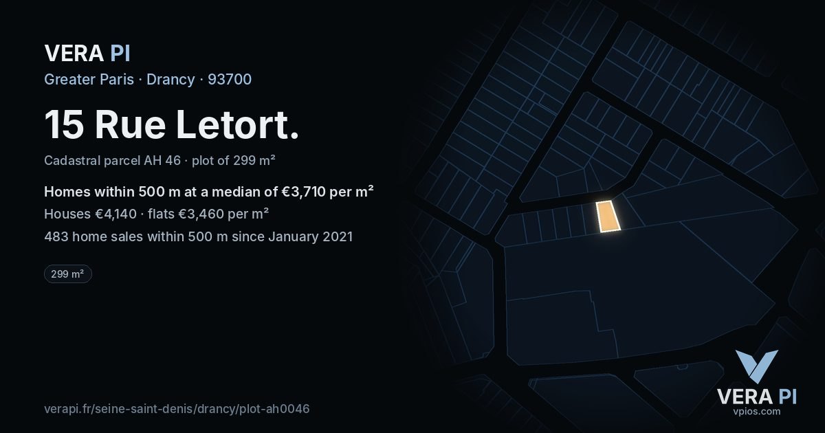 15 Rue Letort, Drancy at night – the plot lit, the parcels around coloured by the prices near them