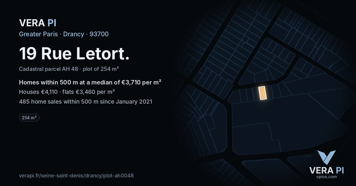 19 Rue Letort, Drancy at night – the plot lit, the parcels around coloured by the prices near them