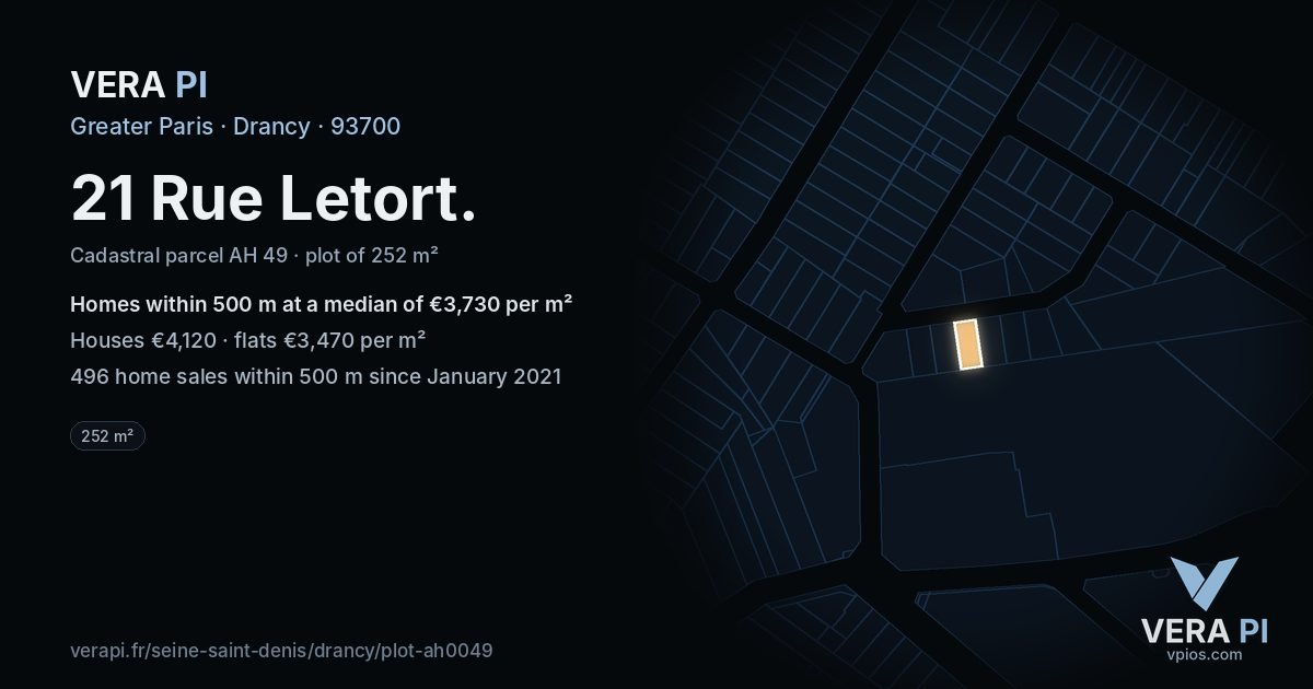 21 Rue Letort, Drancy at night – the plot lit, the parcels around coloured by the prices near them
