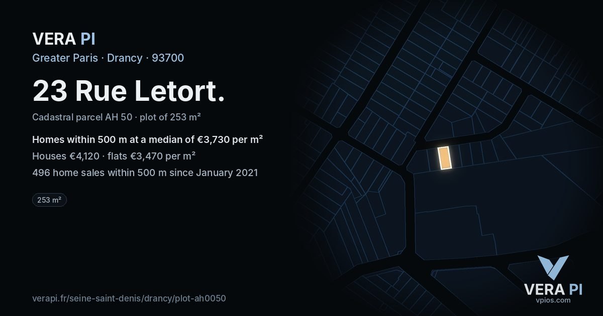 23 Rue Letort, Drancy at night – the plot lit, the parcels around coloured by the prices near them
