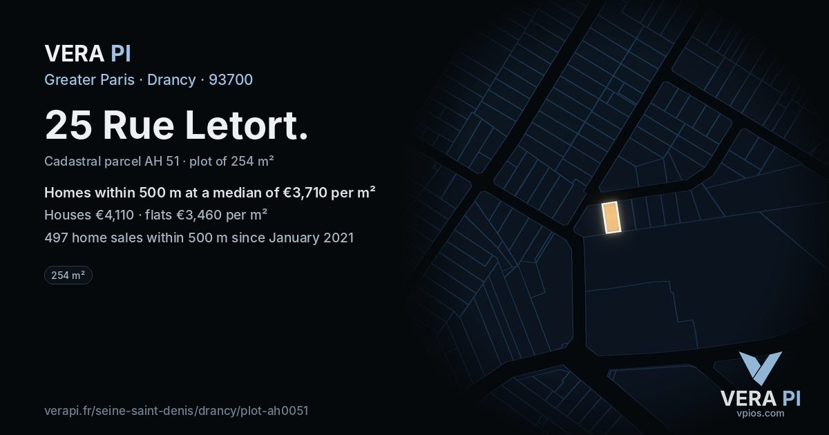 25 Rue Letort, Drancy at night – the plot lit, the parcels around coloured by the prices near them