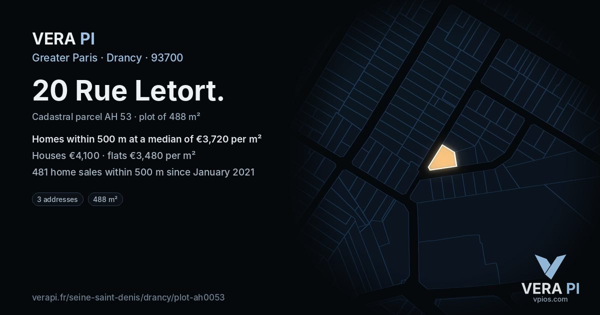 20 Rue Letort, Drancy at night – the plot lit, the parcels around coloured by the prices near them