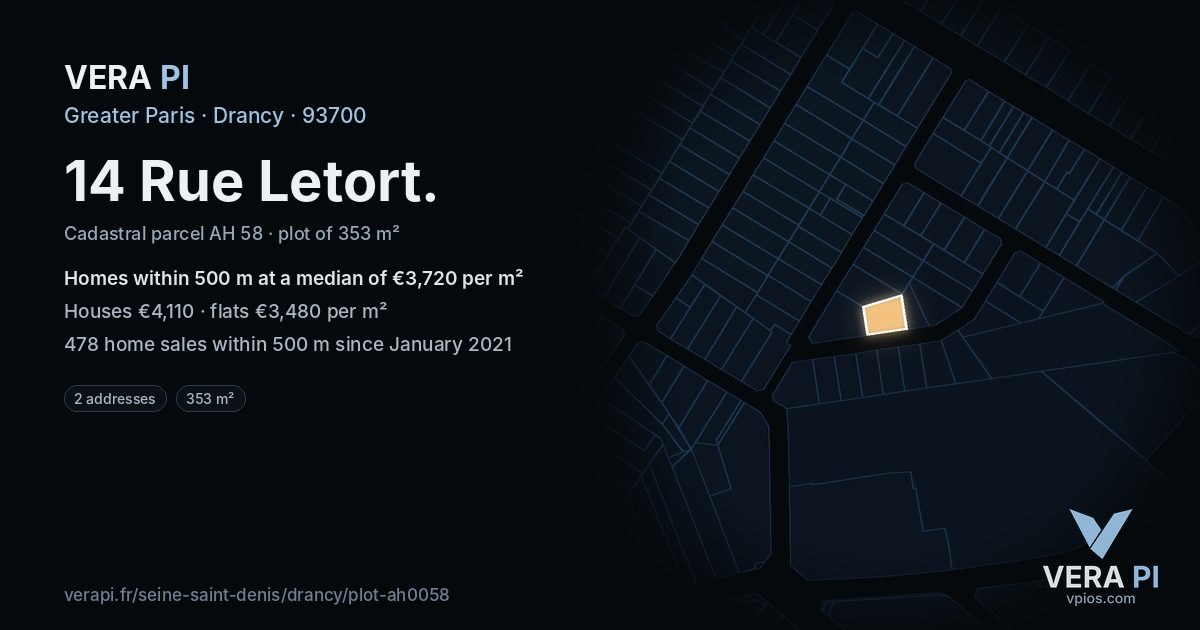 14 Rue Letort, Drancy at night – the plot lit, the parcels around coloured by the prices near them