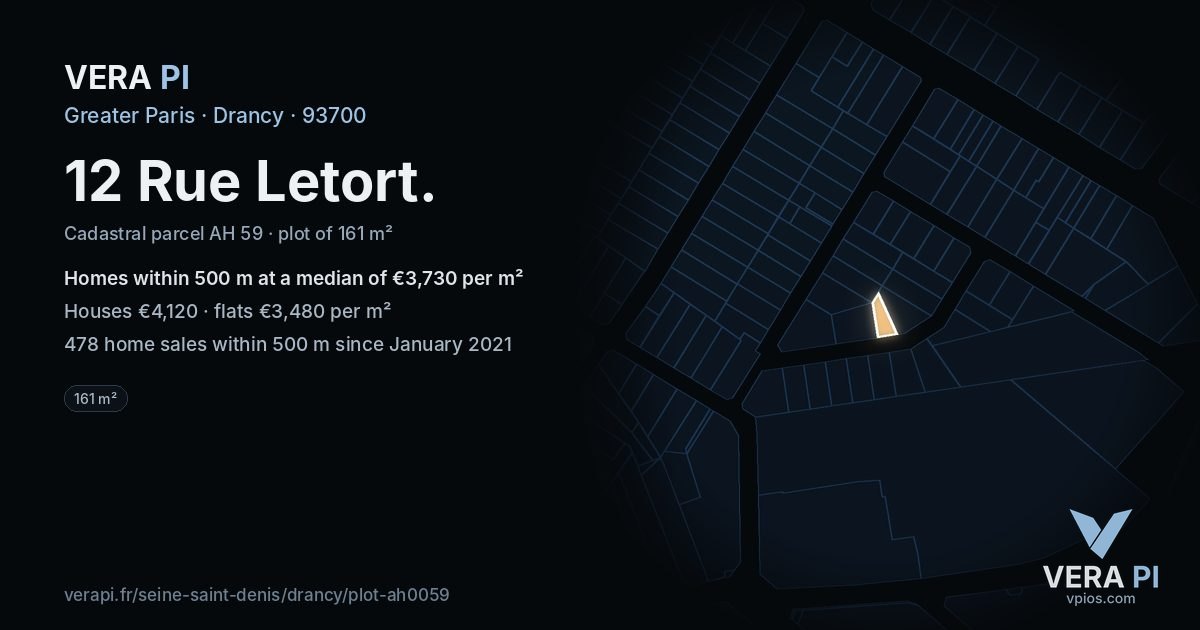 12 Rue Letort, Drancy at night – the plot lit, the parcels around coloured by the prices near them