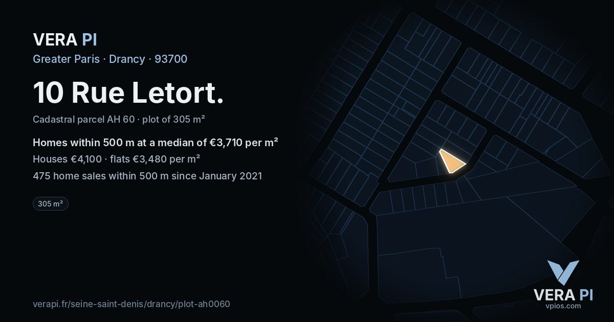 10 Rue Letort, Drancy at night – the plot lit, the parcels around coloured by the prices near them