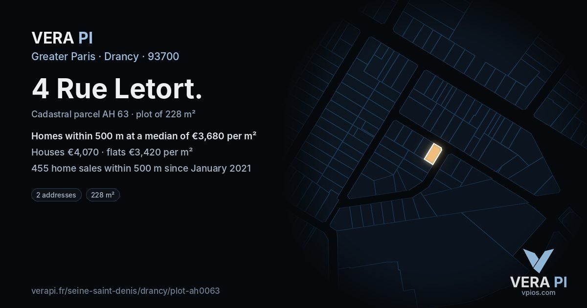 4 Rue Letort, Drancy at night – the plot lit, the parcels around coloured by the prices near them