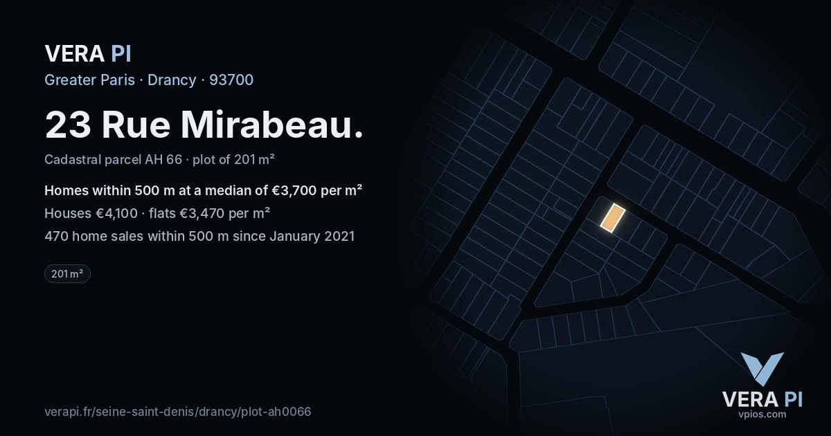 23 Rue Mirabeau, Drancy at night – the plot lit, the parcels around coloured by the prices near them
