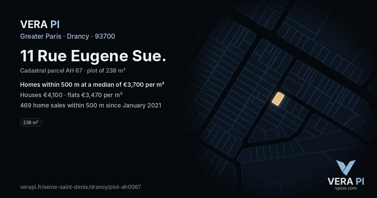 11 Rue Eugene Sue, Drancy at night – the plot lit, the parcels around coloured by the prices near them