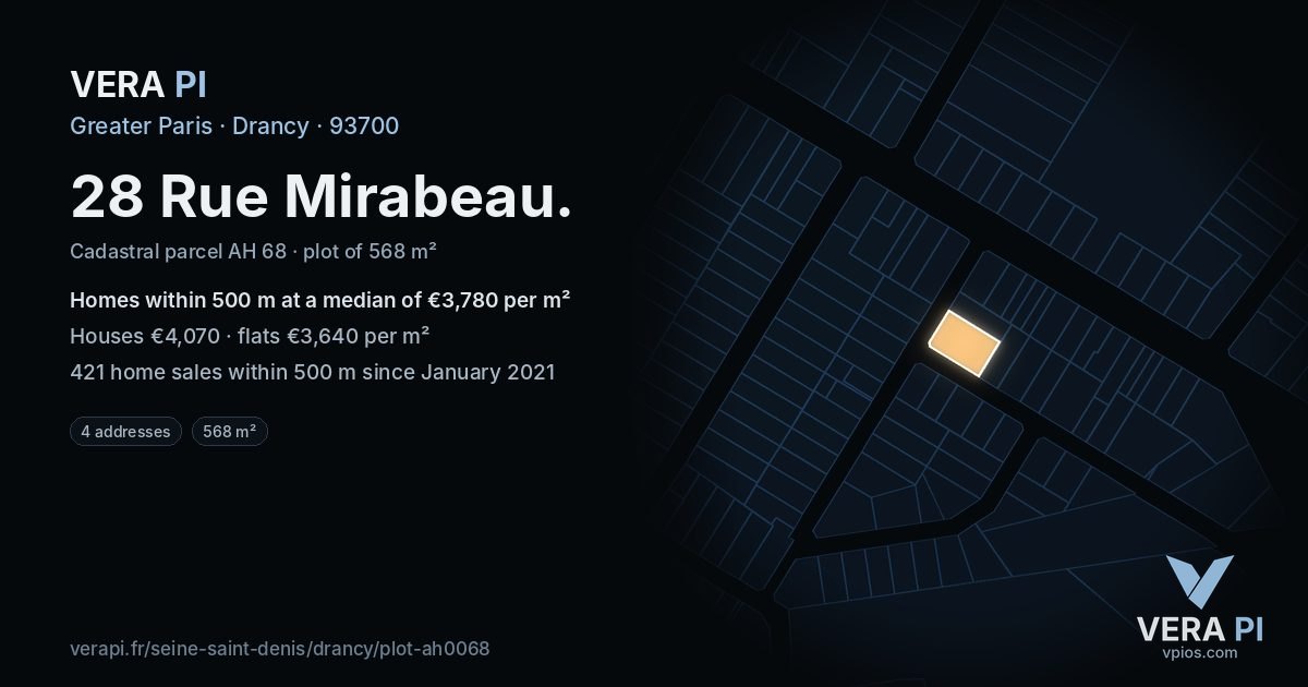 28 Rue Mirabeau, Drancy at night – the plot lit, the parcels around coloured by the prices near them