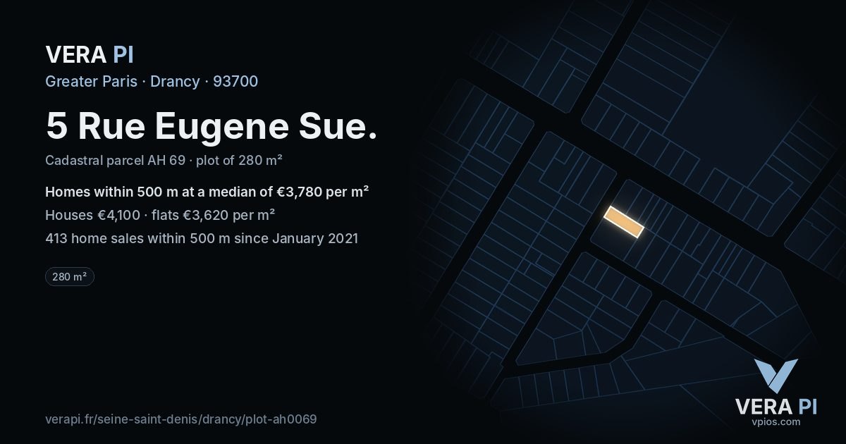 5 Rue Eugene Sue, Drancy at night – the plot lit, the parcels around coloured by the prices near them